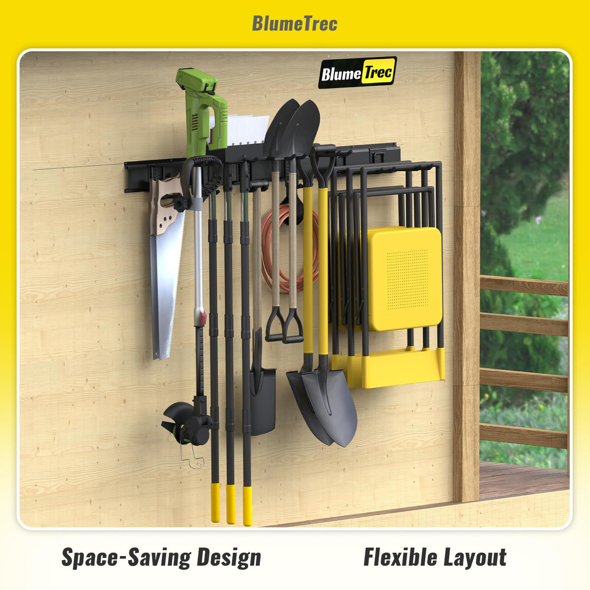 BlumeTrec Garage Tool Organizer Wall Mount, 48" Heavy-Duty Metal Wall Organizer, 3 Rails with 6 Adjustable Hooks, Garden Storage Rack for Organization Sturdy Tool Hanging Holder for Shovel Shed Yard