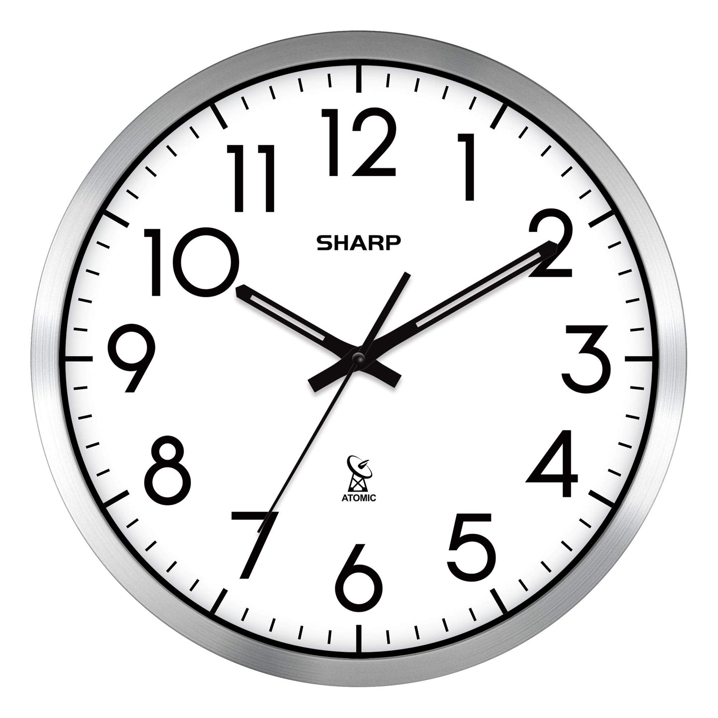 Sharp Atomic Analog Wall Clock - 12" Silver Brushed Finish - Sets Automatically- Battery Operated - Easy to Read - Easy to Use– Modern Design and Style