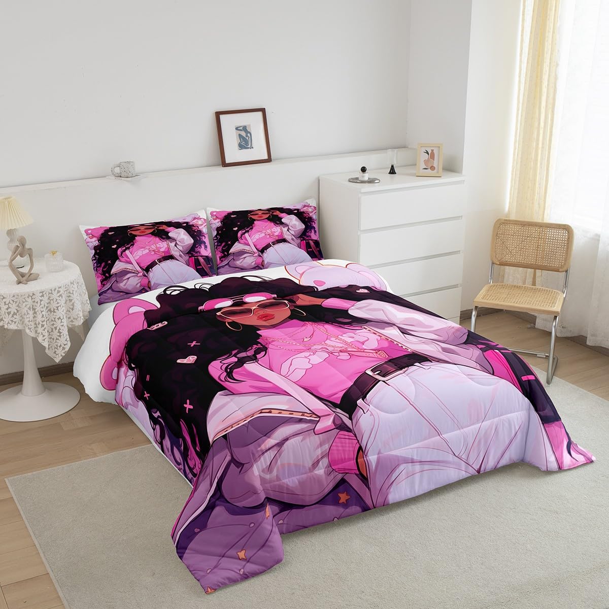 Princess Girlish Kids Comforter Set Full Size,Pink Stars Love Heart Romantic Bedding Set,Girls Women Room Decor,African Amercian Black Little Girls Down Comforter,Pink Duvet Insert,2 Pillowcases