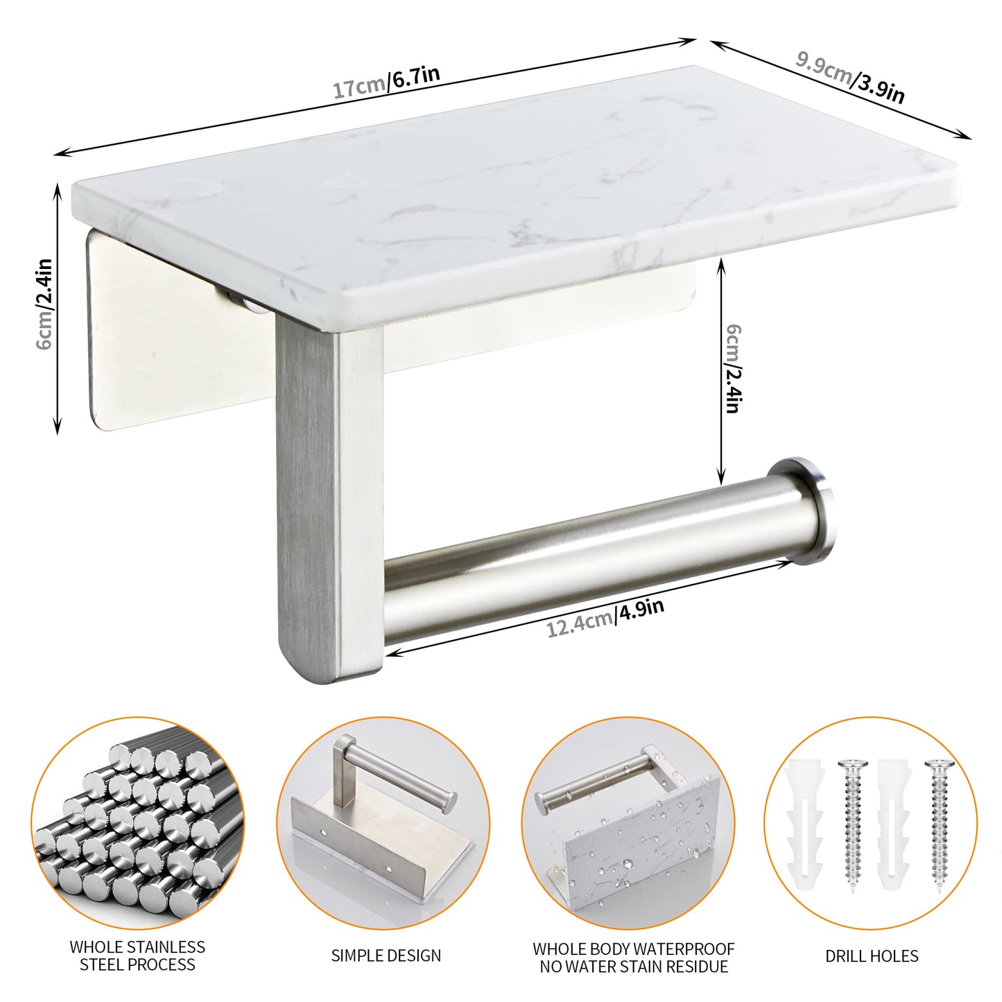 Brushed Nickel Toilet Paper Holder with Shelf, 304 Stainless Steel Screw Wall Mounted, Marble Tissue Roll Holder with Storage