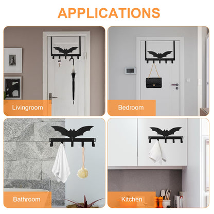 NomadSphere Bat Over The Door Hooks, Halloween Gothic Bathroom & Bedroom Decor Over Door Hanger, Wall Mount Rack for Towel, Hat, Coat, Cloth, Keychain, No Drill, 5 Hooks