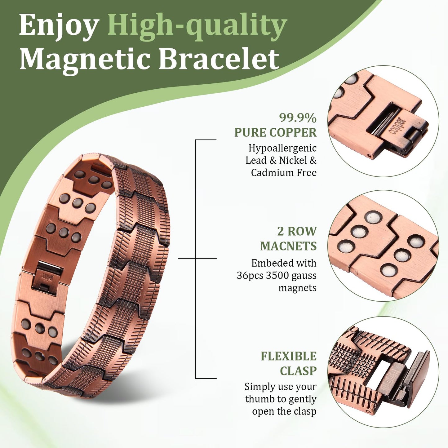 MagEnergy 99.9% Copper Magnetic Bracelet for Men, 3X Magnetic Bracelets Men with Ultra Strength Magnets, Adjustable Wristband with Link Removal Tool & Jewelry Gift Box(Copper)