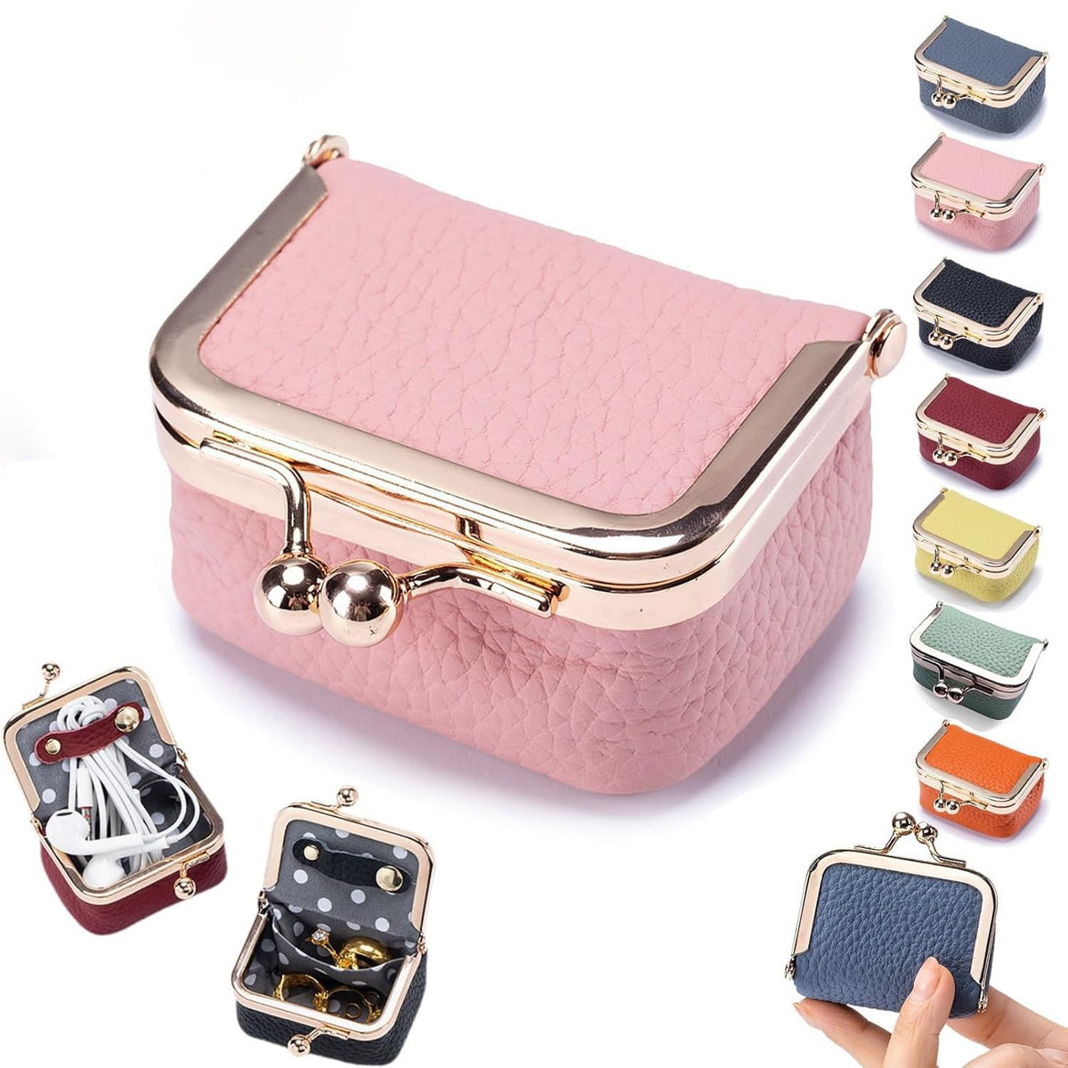 Leather Mini Jewelry Box, Portable Vintage Leather Coin Purse Jewelry Box with kiss Lock, Mini Travel Ring Box for Earrings/Rings/Necklaces/Bracelets