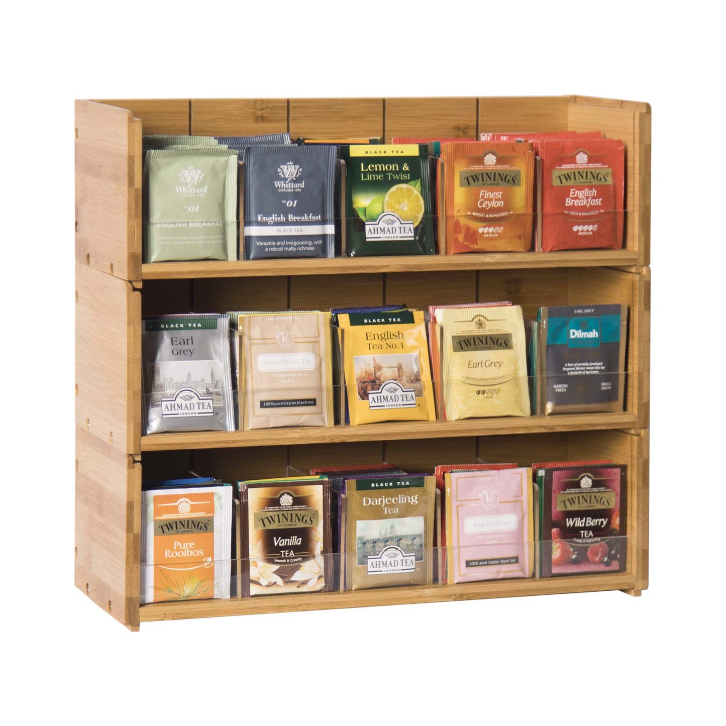 X-cosrack Bamboo Tea Bag Organizer Storage Box, 3 Tier Stackable Tea Bag Box Natural Wood, Wall Mount Tea Chests with Acrylic for tea bags Office Kitchen Cabinet Pantry
