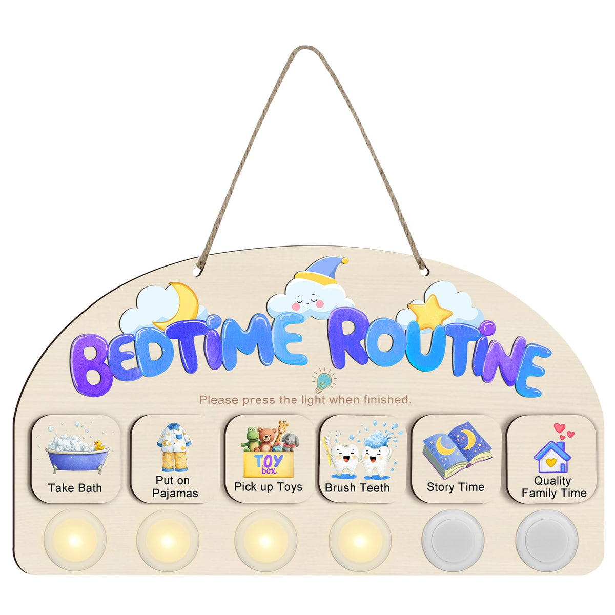 AINBIN Bedtime Routine Chart for Toddlers, Visual Schedule Chart Night to Do List with 6 Tap Lights & 10 Activity Cards Planning, Wooden Checklist Task Schedule Board for Kids, Autism, ADHD Planner