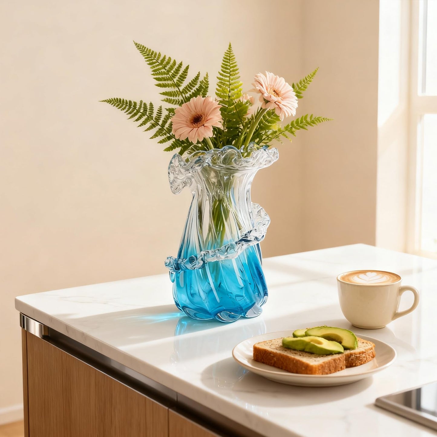 oliruim Blown Blue Glass Vase, Unique Ocean Wave Artistic Glass Centerpiece for Coastal Home Decor, Coffee Table, Living Room Console Table, Fireplace Mantel (Small)