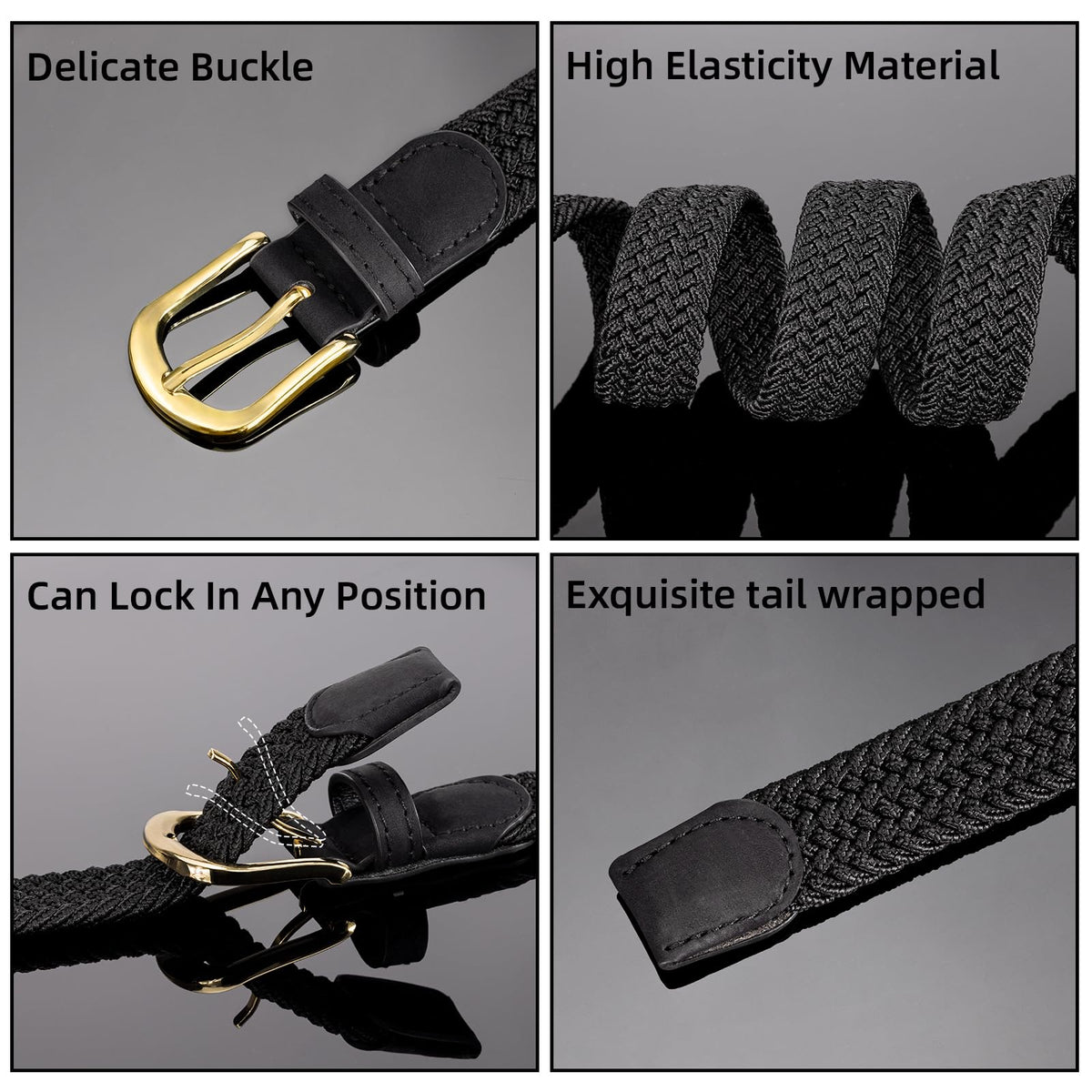 Alphyly Neries Thin Woven Braided Belt for Women, Elastic Golf Belt, Black and Blue, Fits Waist Size 28-36"