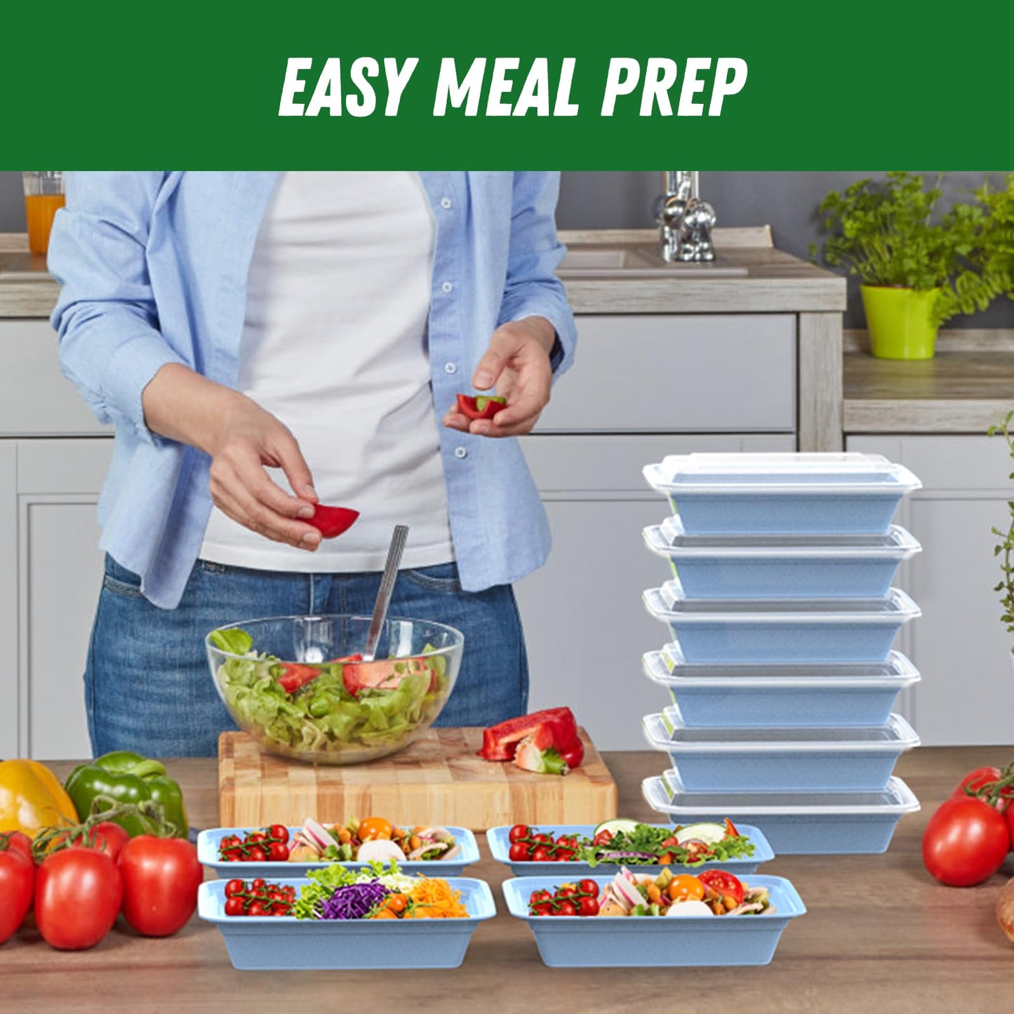 50 Pack (100-Piece) 32 oz Meal Prep Containers Reusable with Easy Open Lids, Sturdy Leakproof Food Safe, Microwave Freezer Dishwasher Safe, To Go Take Out Plastic Food Storage Pans with Lids, Blue