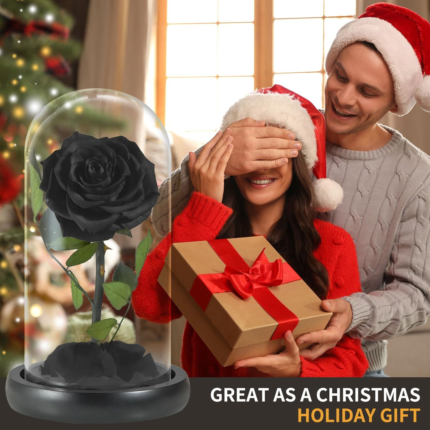 SW Forever Preserved Real Black Rose Flower Birthday Gift for Mom Women,Valentines Eternal Flower in Glass Gifts for Mothers Day Christmas Anniversary Birthday (Black)