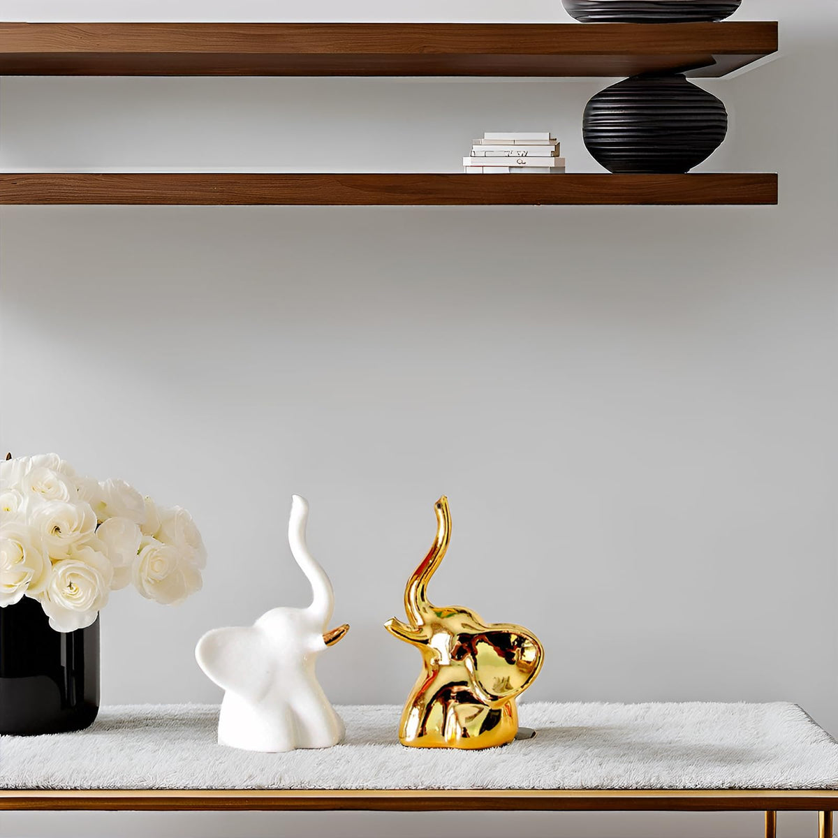BIHOIB Home Decor Elephant Statues,1 Pair, Small Decorative Accents for Shelves, Livingroom and Bedroom, Gold and White