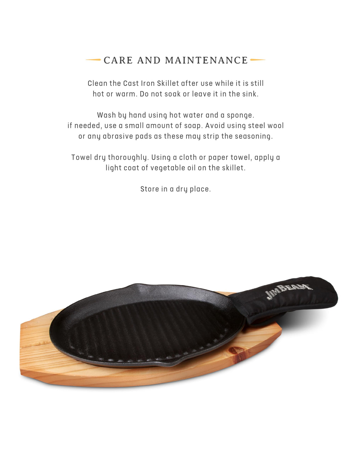 Jim Beam JB0159, Heavy Duty Construction, Pre Seasoned Cast Iron Skillet with Wooden Base and Mitt, Black,Small