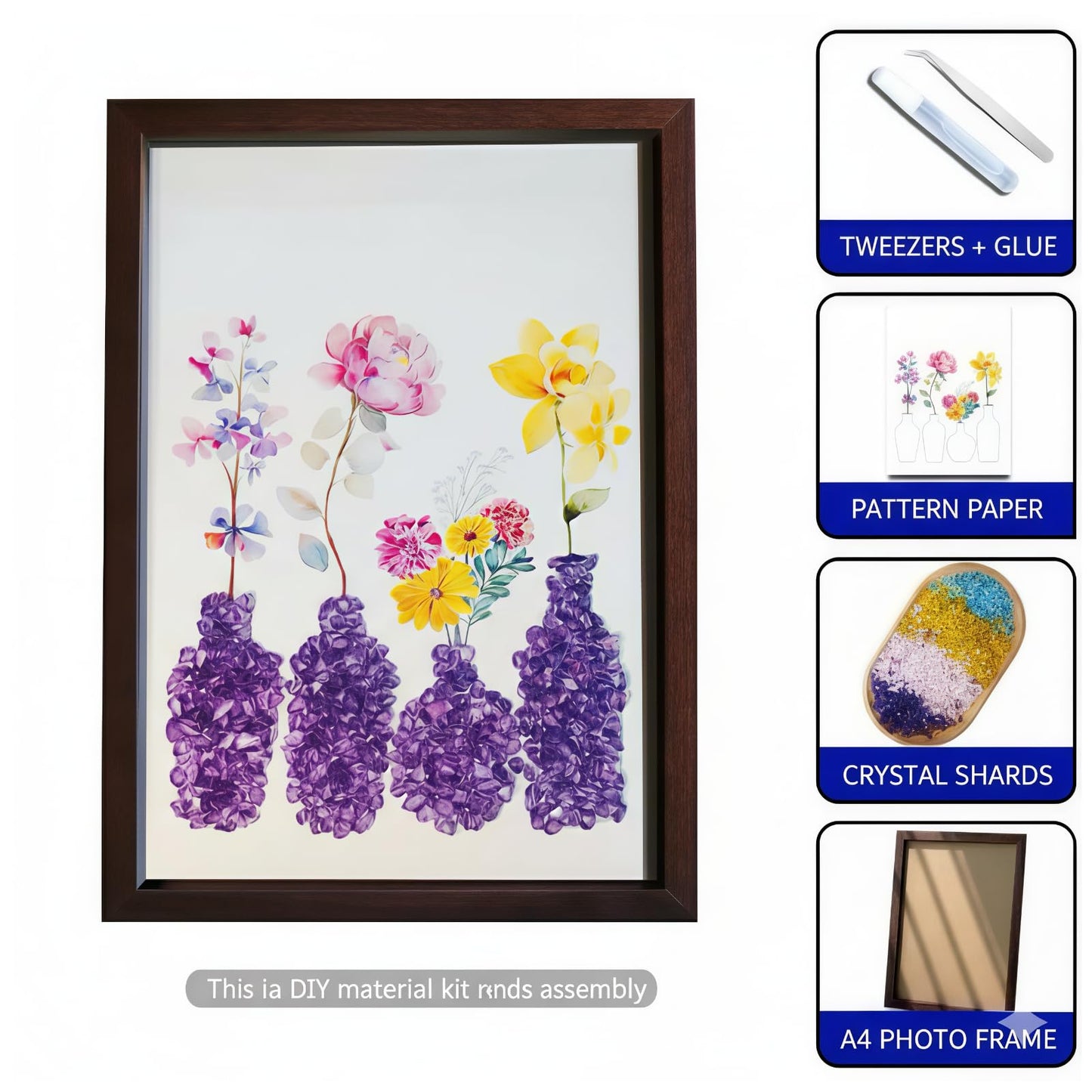 Boohyjtong DIY Real Amethyst Crystal Art Kit with Frame - 3D Purple Gemstone Vase Wall Decor - Natural Healing Stone Mosaic Craft for Adults - Relaxing February Birthstone Gift for Women