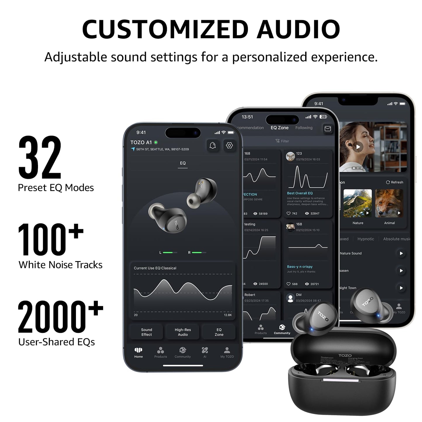 TOZO A1 Wireless Earbuds, Bluetooth 5.3 Earphones, Support APP EQ Setting, 30H Long Playtime, Ear Buds with HiFi Stereo Sound, Light-Weight Wireless Earphones, IPX5 Waterproof