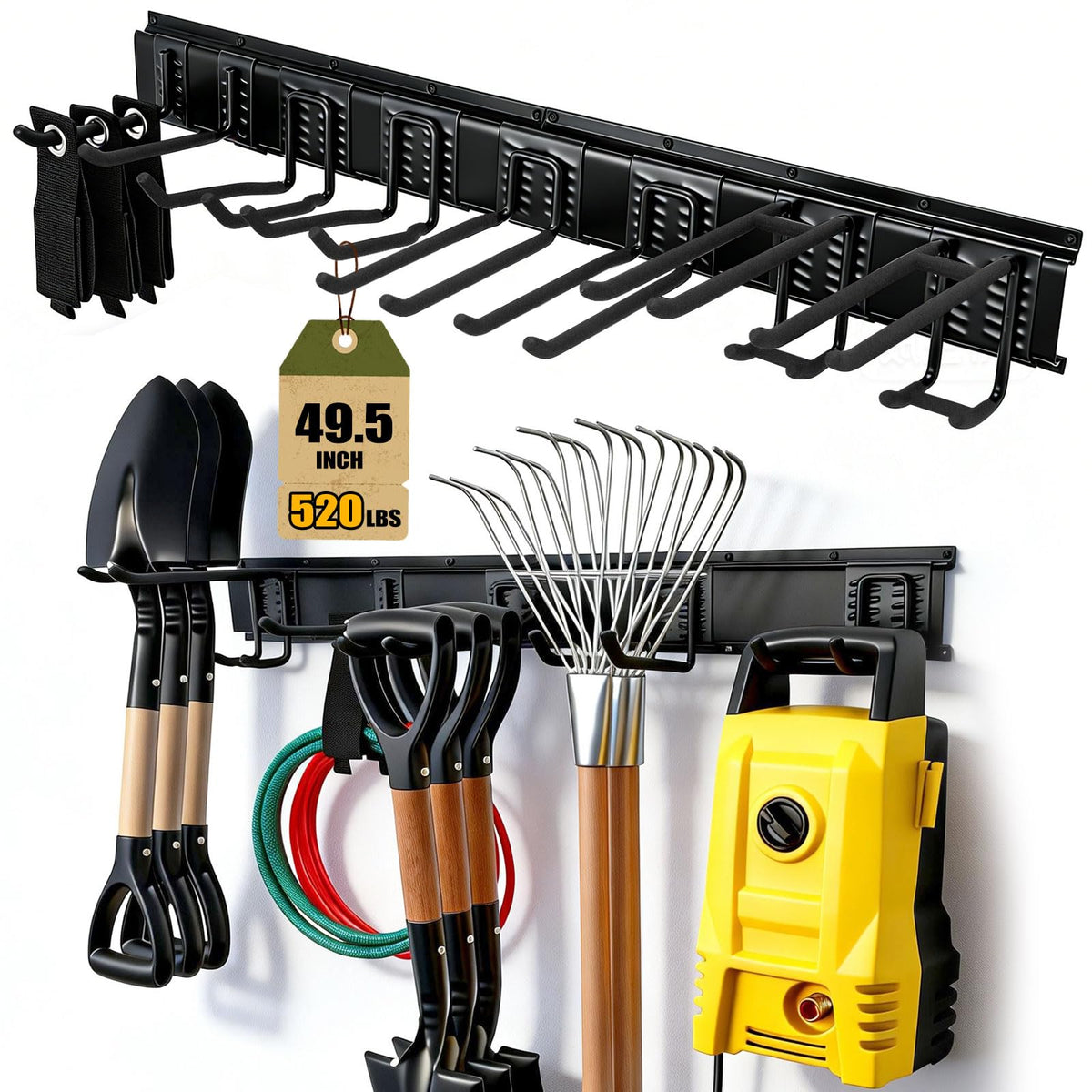 14Pack Garage Tool Organizer Wall Mount, 49.5'' Garage Wall Organizer with 11 Adjustable Hooks, 520lbs Heavy Duty Garage Storage, Garage Hanging Rack for Garden Yard Tools,Ladder,Shovel,Weed Eater