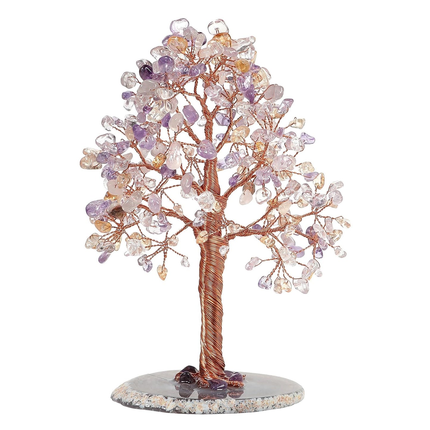 dssmboom Healing Crystal Money Tree with Natural Agate Slice Base for Chakra Balancing, Decorative Feng Shui Stone Bonsai Crystal Tree for Wealth and Good Luck, Amethyst & Citrine