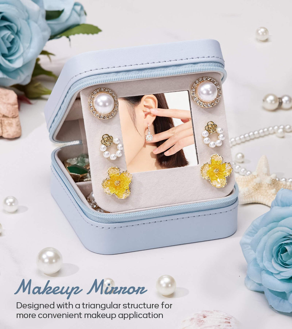 Enthralite Travel Jewelry Box for Gift: Traveling Jewelry Case for Girls Women - Mini Organizer for Necklaces Earrings Blue L