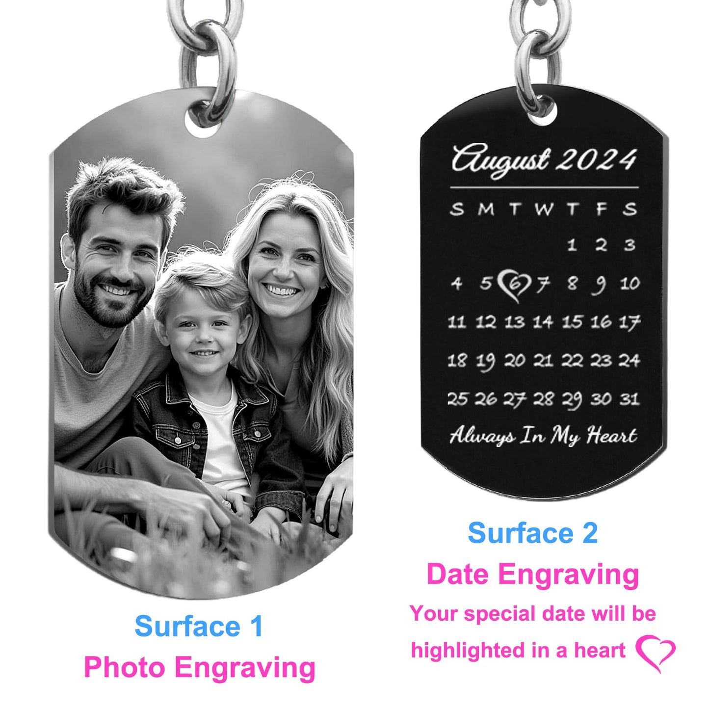 Queenberry Gifts for Valentines Day Anniversary Custom Photo Keychain for Husband Boyfriend Laser Engraved Personalized Calendar Date Text Picture
