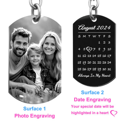 Queenberry Gifts for Valentines Day Anniversary Custom Photo Keychain for Husband Boyfriend Laser Engraved Personalized Calendar Date Text Picture