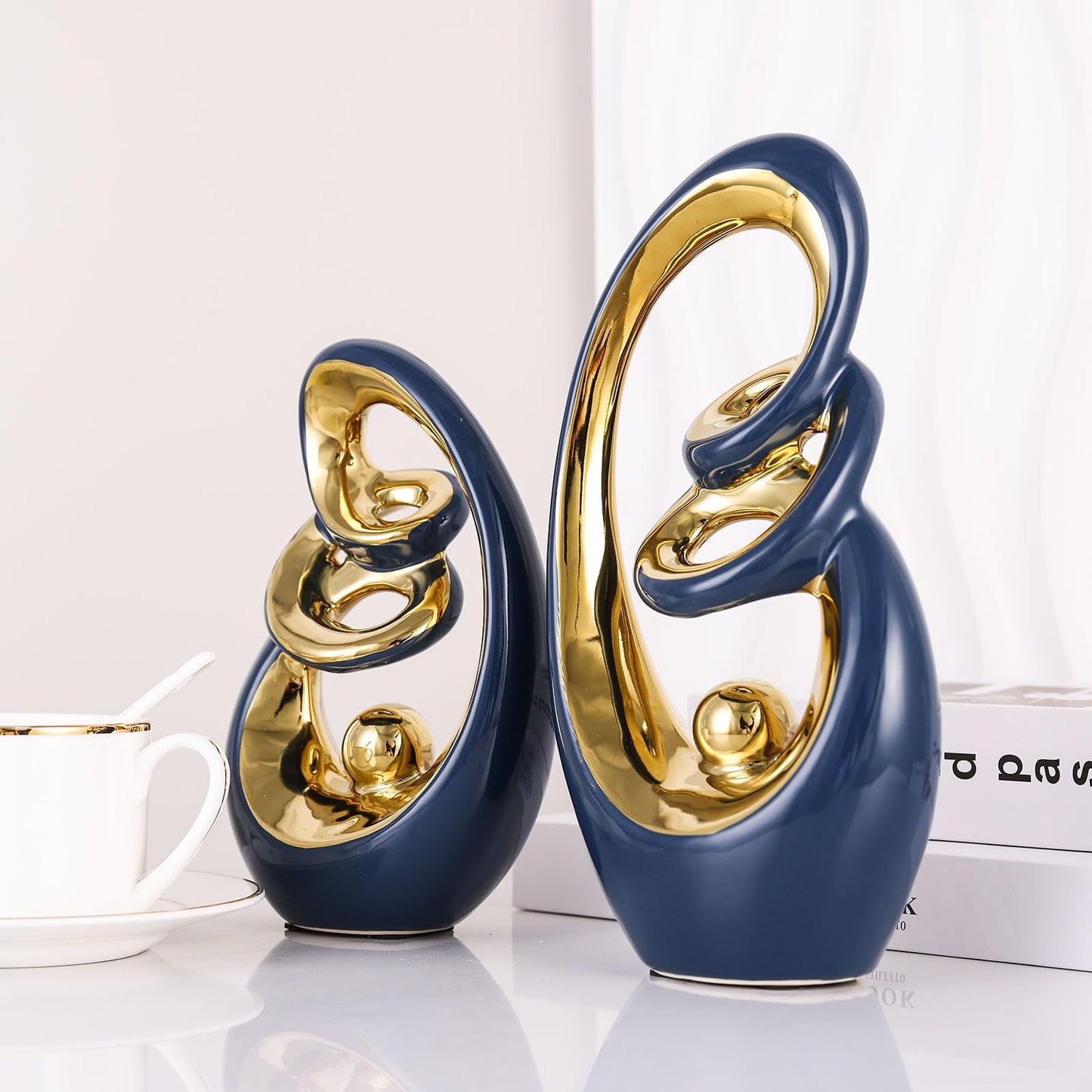 GAOSHENG Blue Gold Ceramic Abstract Sculpture, Modern Art Deco Statues With Gold Accents For Home, Tv Stand Decor Centerpieces