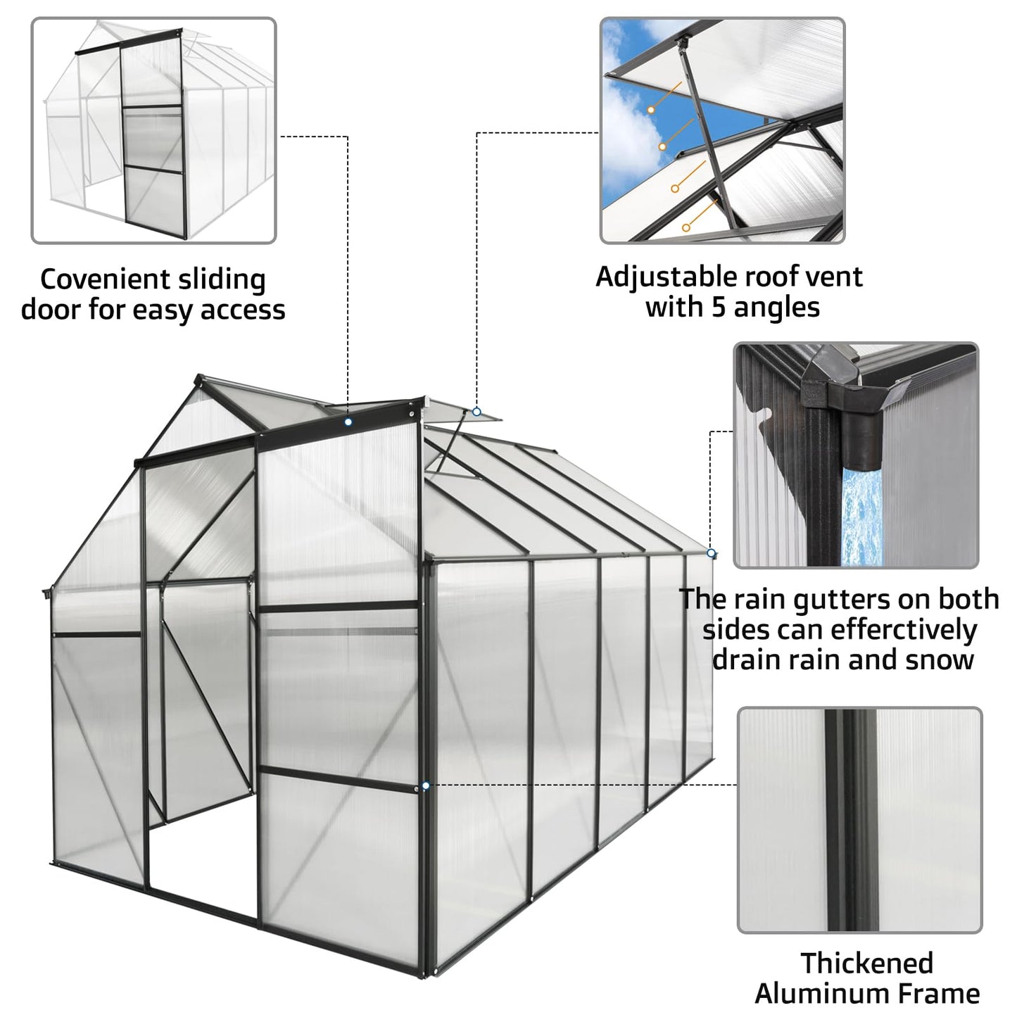 KEIKI 6x10 FT Polycarbonate Greenhouse with Aluminum Frame,Raised Base and Roof Vent,Walk-in Greenhouses for Patio Garden