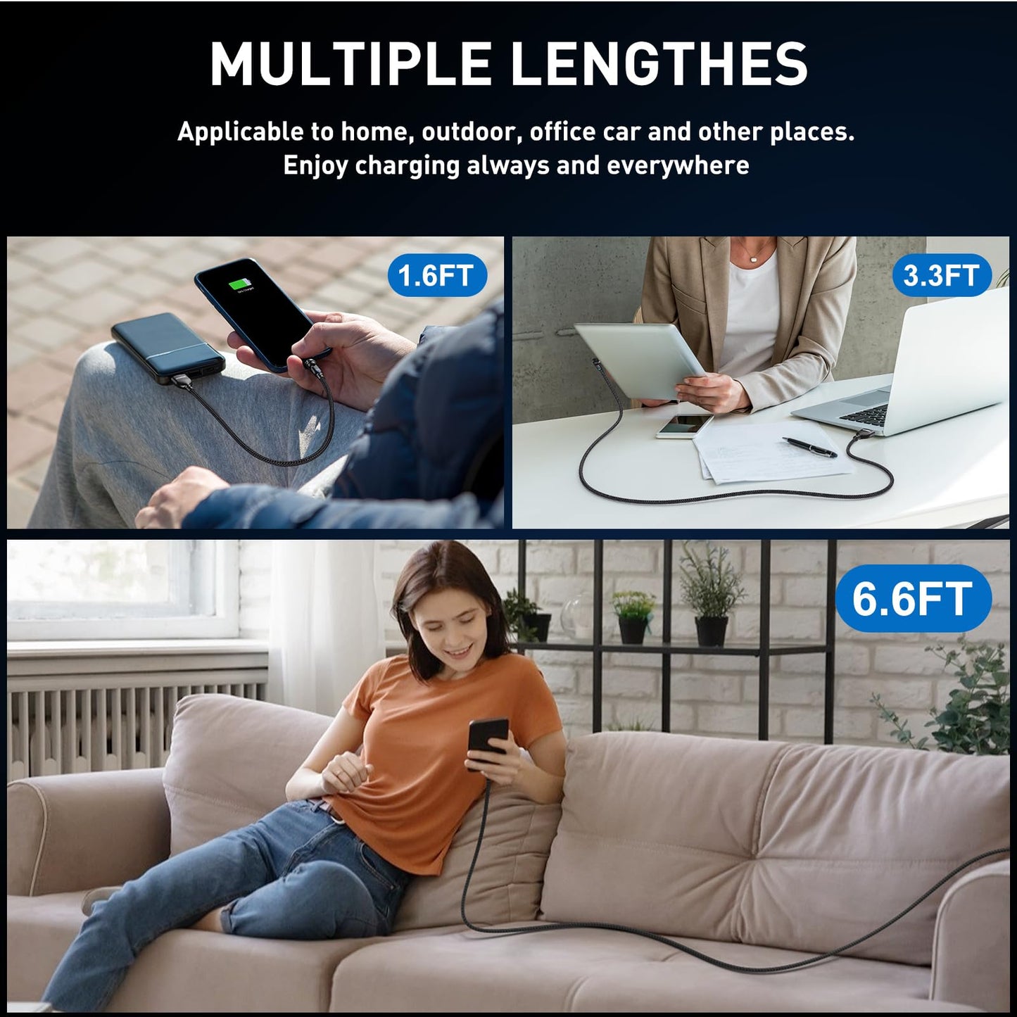 ODDADD Magnetic Charging Cable 5-Pack (1.6/3.3/3.3/6.6/6.6FT), 540° Rotating Magnetic Phone Charger Cable with LED Light for Micro USB, USB C and i-Product Device