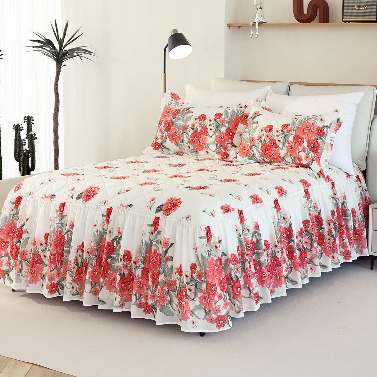EVENHUG Ruffle Skirt Queen Size Bedspread Set Red Floral 100% Cotton Quilt Bedding Sets with Pillow Shams Lightweight Soft Coverlet Bed Spreads Sets 3 Piece (Queen, 60"x80")