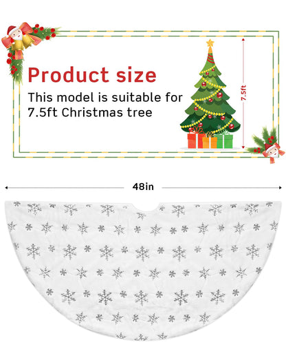 COOLWUFAN 48 Inches Faux Fur Christmas Tree Skirt for Xmas Tree Holiday Party Decorations White Plush Silver Sequin Snowflake (Silver)