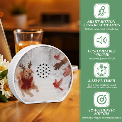 Hollowfly Singing Bird Box White Noise Sound Machine LED Light Radar Sensor Relaxation Device with 12 Natural Sounds Scenery Card Timer Bird Lover Gift for Sleeping Winter Holiday Staff Teacher Office