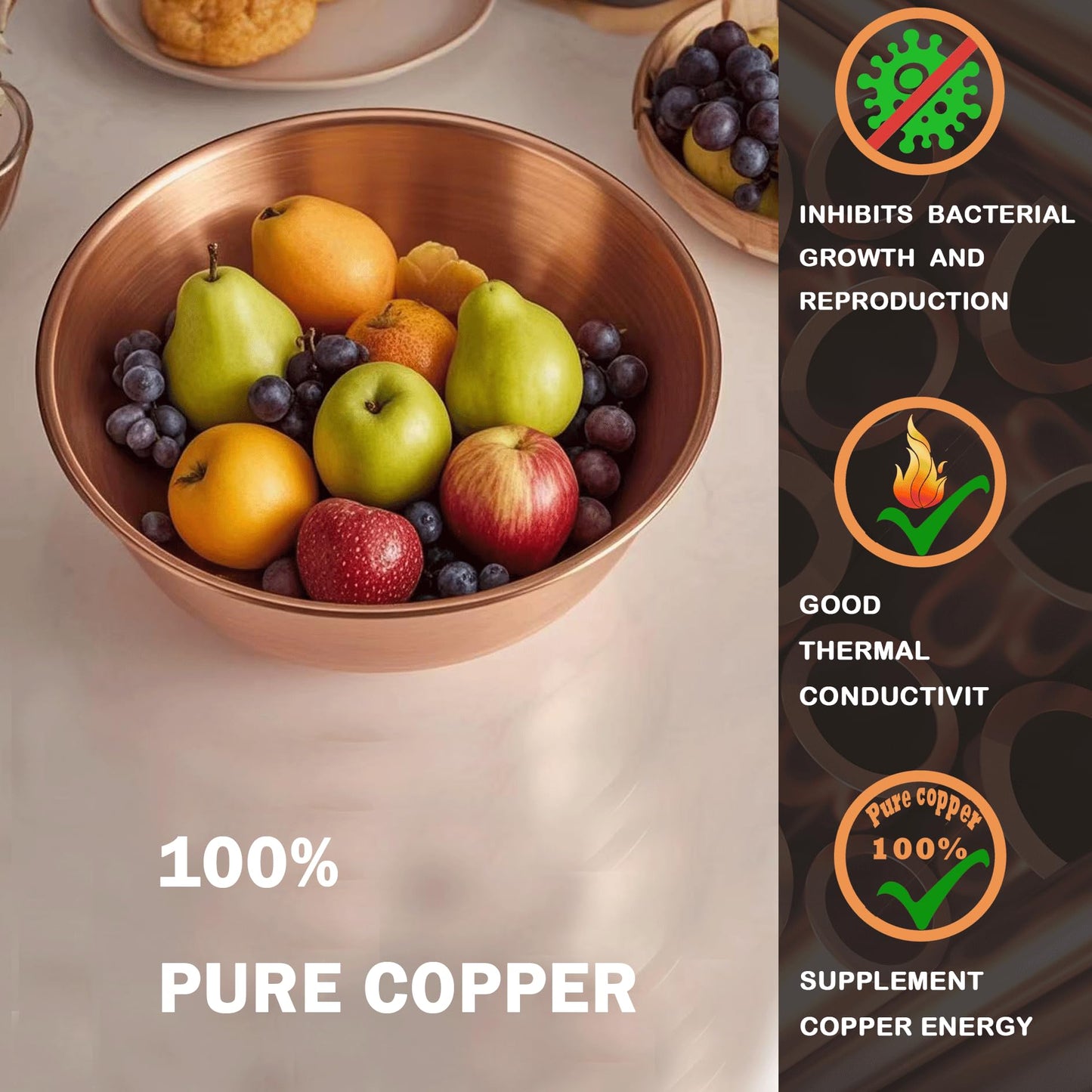 Purecopper-Medium 5.11'' Round Solid Copper Bowl - Handmade Decorative and Serving Bowls, Bowls for Food, Decoration, Condiments, Salt and Spices (4)