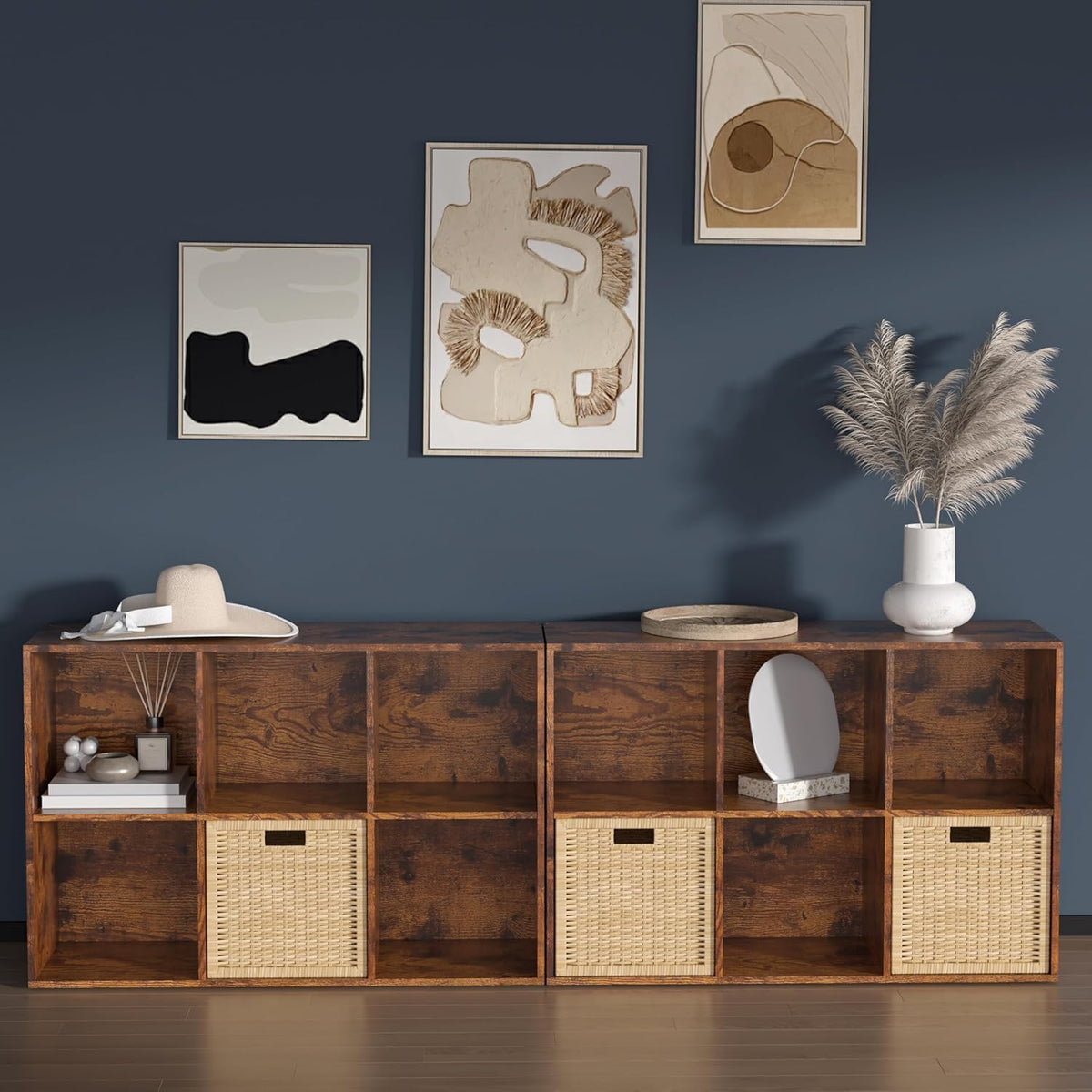 NewBeth Wooden 8 Cube Storage Organizer with Closed Back Panel,Brown Cube Shelf Cubby Storage Organizers with Compartments for Living,Bookshelf,Organizers Easy to Install (Retro Brown, 8 Cube)