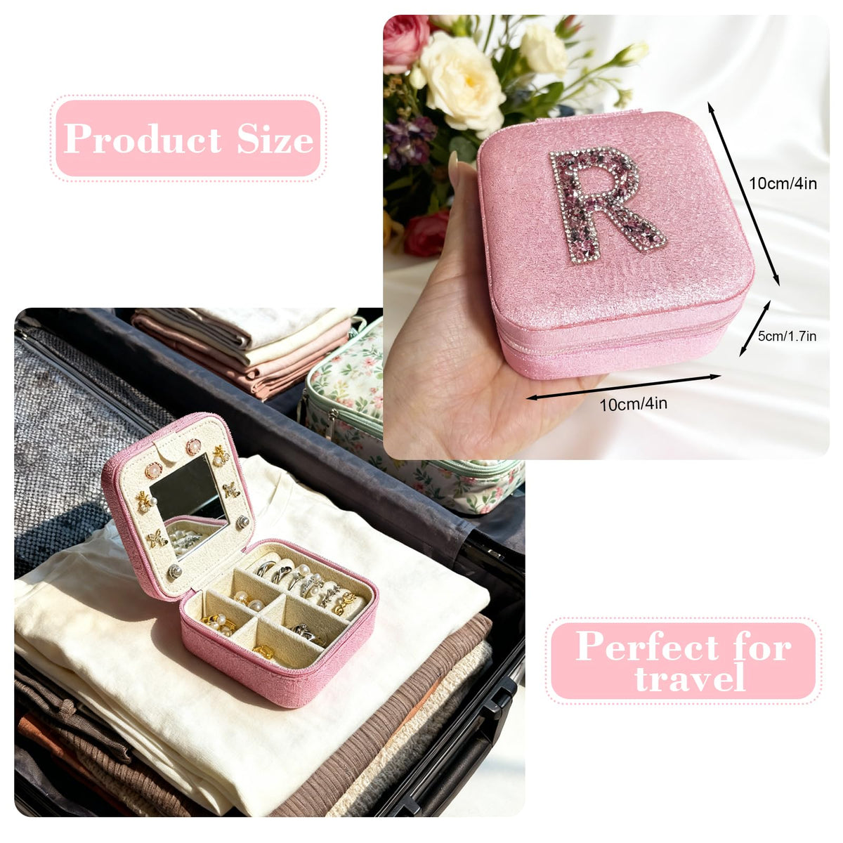 Zyvora Travel jewelry case Travel jewelry box Travel Jewelry Organizer Small box Gift for Girls Women with Mirror (Pink + R)