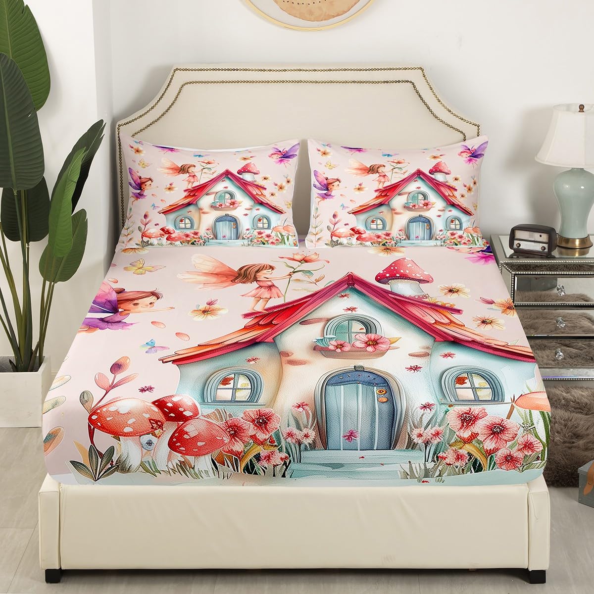Erosebridal Floral Fairy Twin Bedding Set,Dreamy Fairy Garden Fitted Sheet for Girls Kids,Cute Mushroom Butterfly Bed Set,Kawaii Girly Flower Bed Sheets 2Pcs Room Decor (No Flat Sheet)