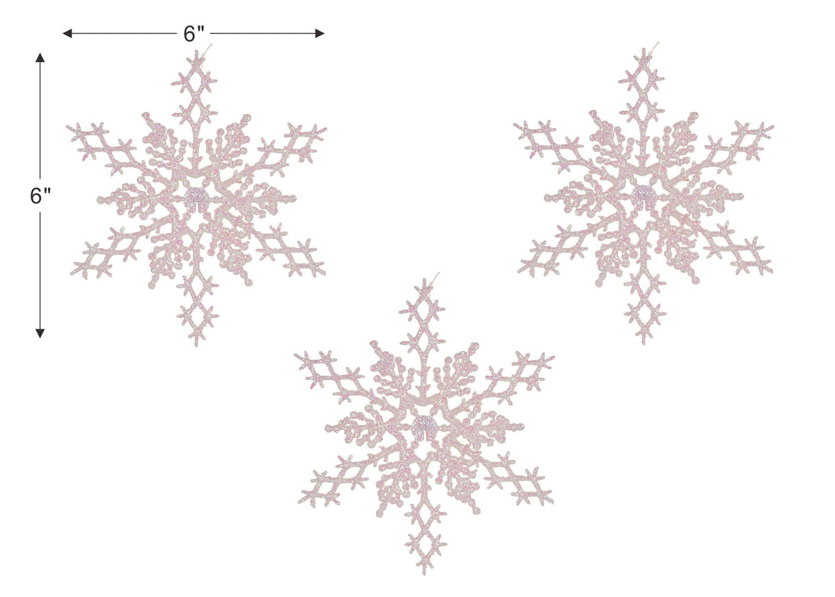 Christmas Traditions 6 inch Iridescent White Snowflake Ornaments (Set of 18) Glittered Hanging Tree Decorations (White Iridescent)