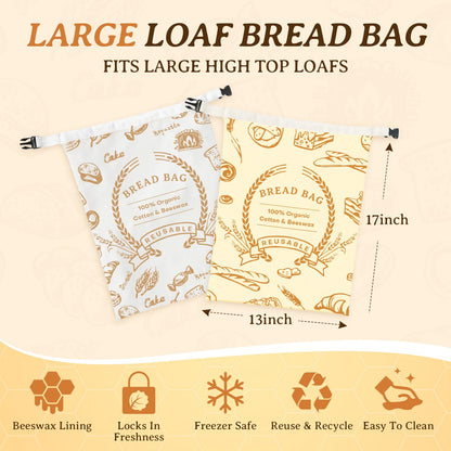 2 Pack Beeswax Bread Bags for Sourdough & Homemade Bread - Natural Cotton Sourdough Reusable Beeswax Food Storage Bag, Freezer-Safe, Keep Bread Fresh