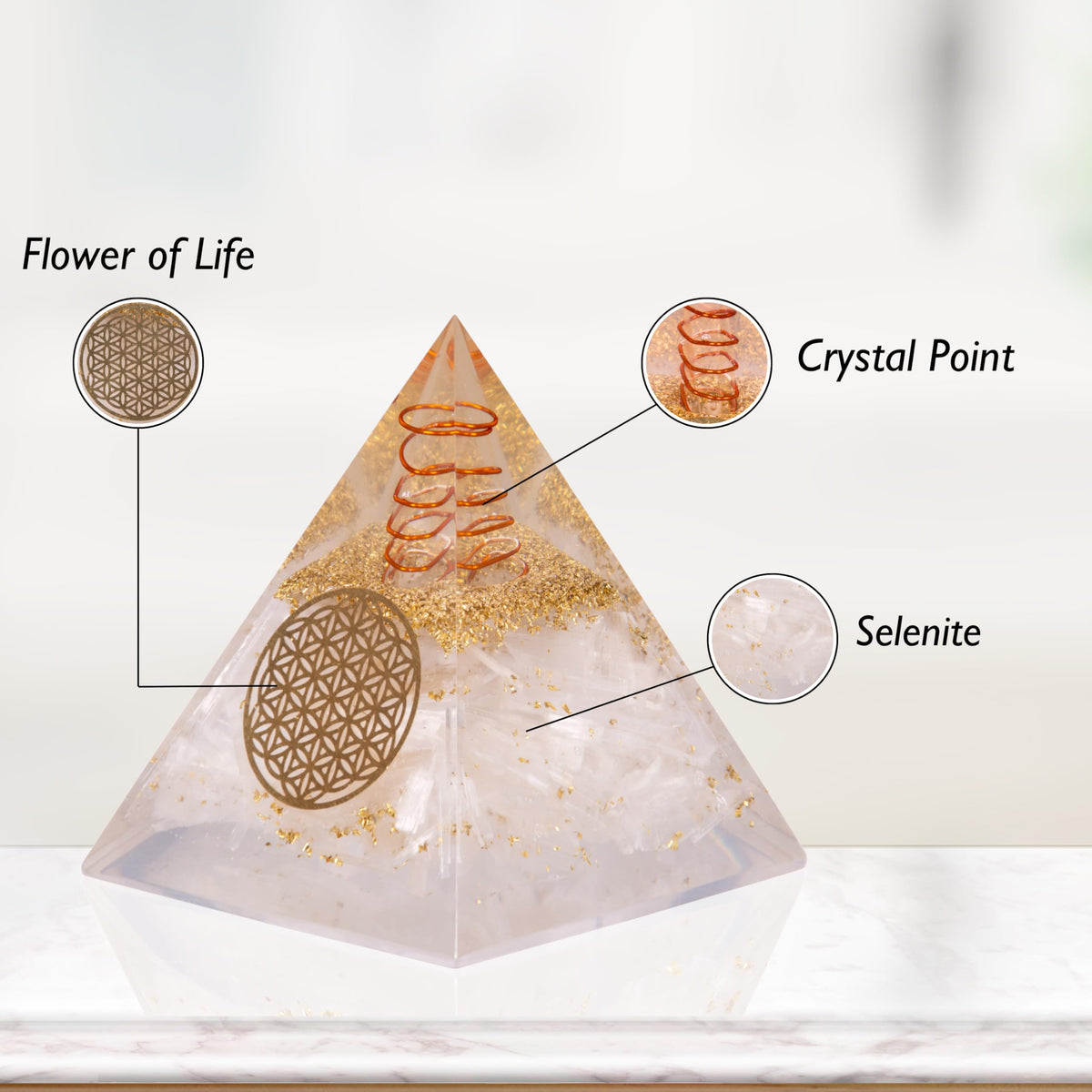 Agate Treasure Selenite Orgonite Pyramid – Energy Crystal for Clarity & Protection – Handmade Spiritual Decor for Meditation, Focus & Inner Peace