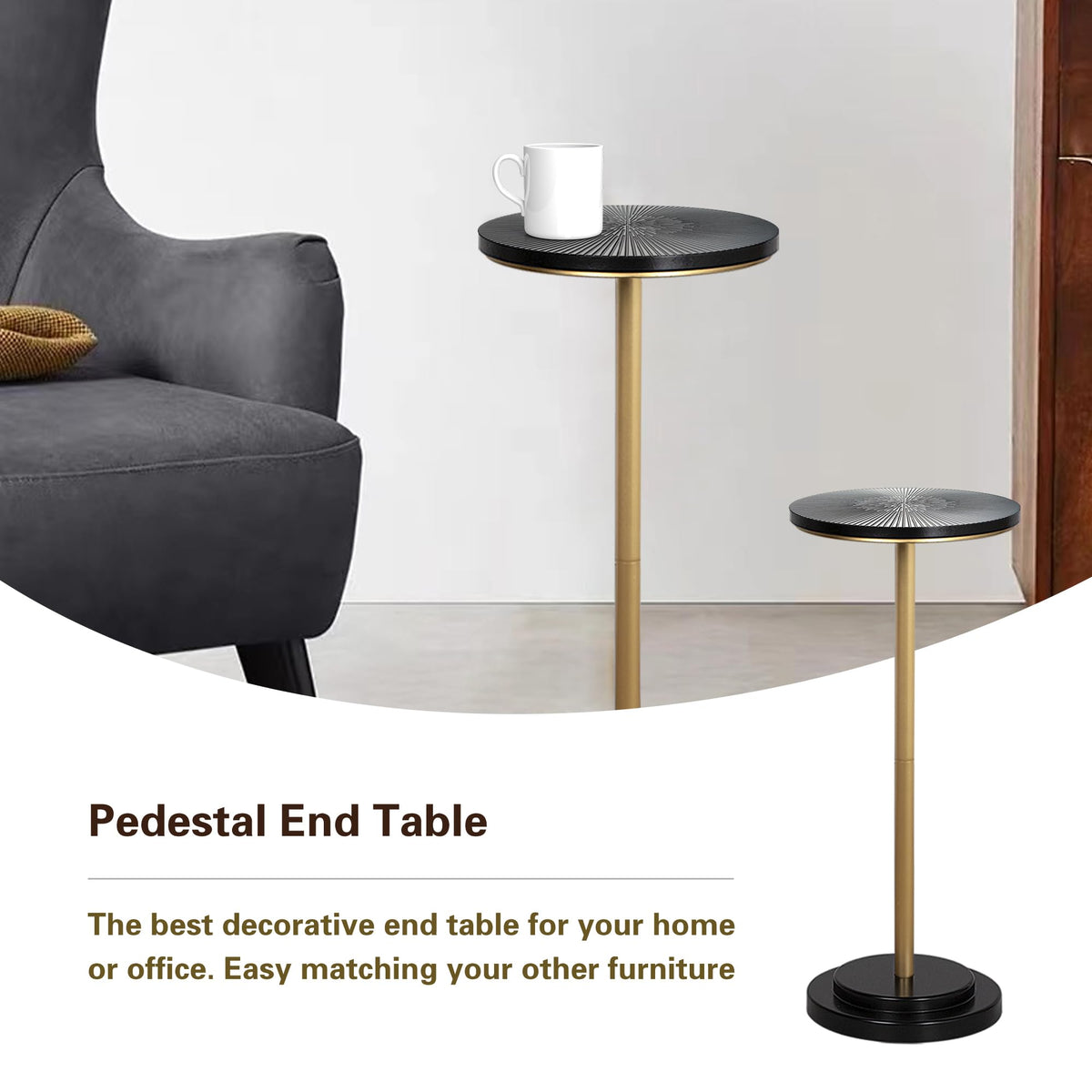 COVLON Drink Table, Small Pedestal Side Table with Wooden Carved Top for Living Room, Bedroom, Small Space, Gold and Black