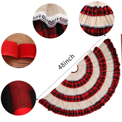 yuboo Burlap Buffalo Plaid Christmas Tree Skirt 48 inches, Red Farmhouse 6-Layer Ruffle Tree Skit with Lace Border for 5-7 FT Trees, Fall Thanksgiving Christmas Decorations