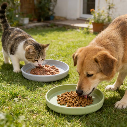 2 Pack 7 Inch Shallow Pet Bowls - Silicone Cat & Dog Food Dishes for Whisker Fatigue Relief - Non-Slip Flat Feeding Bowls for Dry/Wet Food & Water (Green & Gray)