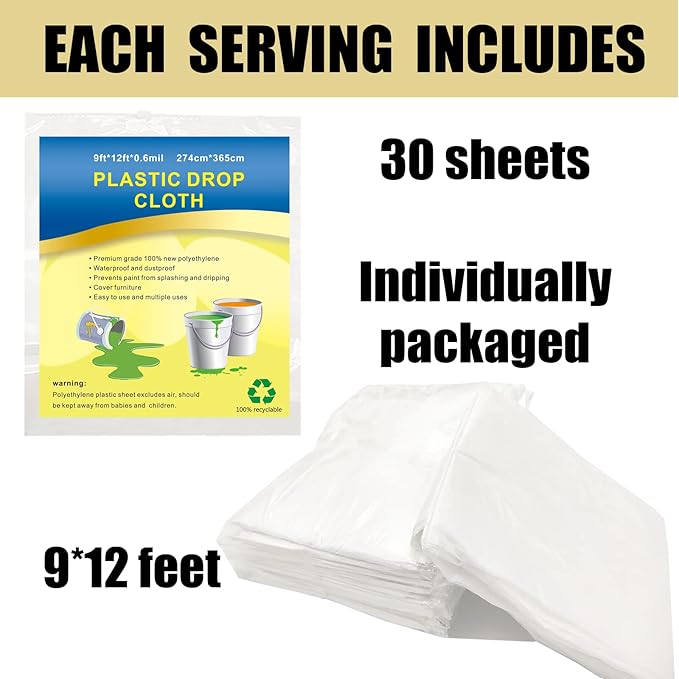 30 Pieces Plastic Drop Sheets for Painting, Waterproof and Dust-Proof Clear