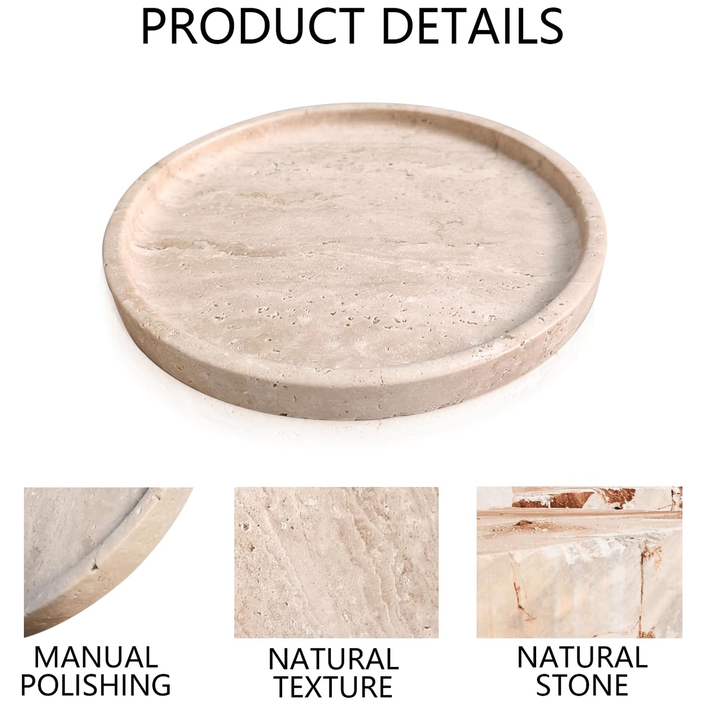 Natural Travertine Vanity Decorative Marble Tray, Candles, Perfume, Trinket, Marble Circle Vanity Trays for Bathroom, Dresser, Kitchen, Countertop Storage Organizer for Home Decor