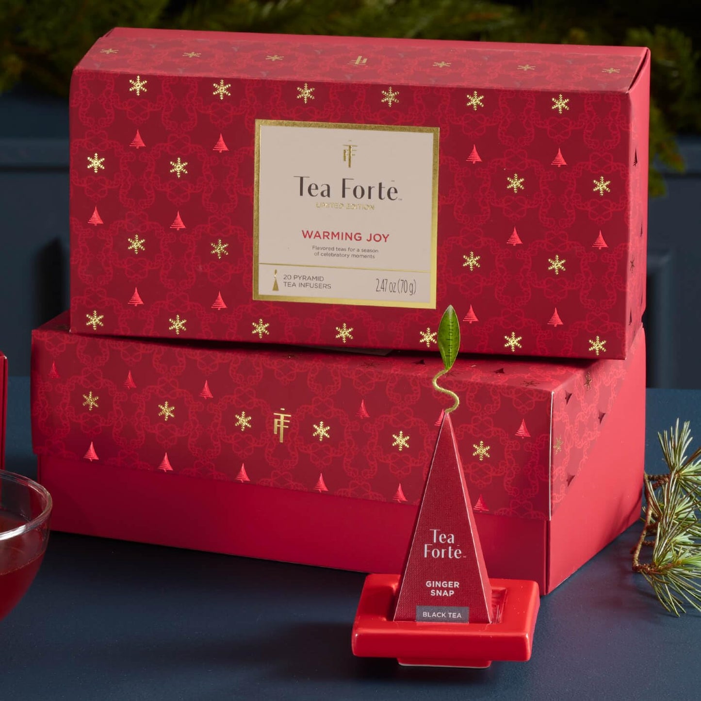 Tea Forte Warming Joy Holiday Premium Presentation Box Gift Set Sampler, 20 Count, 4 of Each Blend Individually Wrapped Handcrafted Pyramid Infuser Bags
