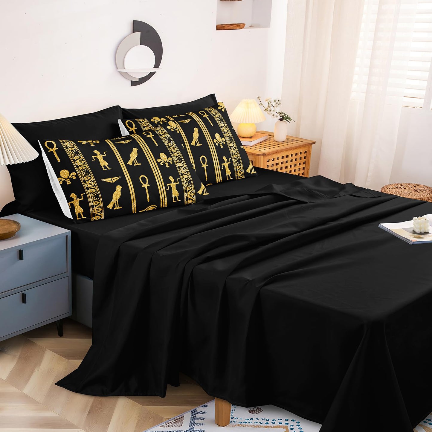 Black Gold Queen Bedding Set - Ancient Egyptian Vintage Pharaoh Pyramid Pattern Boho Tribal Comforter Sheet Set with 1 Cushion Cover (Queen, Black)