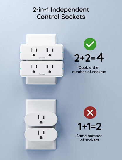 Govee Dual Smart Plug 2 Pack, 15A WiFi Bluetooth Outlet, Work with Alexa and Google Assistant, 2-in-1 Compact Design, Govee Home App Control Remotely with No Hub Required, Timer, FCC and ETL Certified