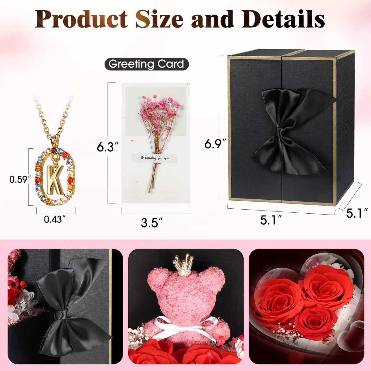 Mothers Day Birthday Gifts for Mom Women, Preserved Real Rose with Initial Necklace K, Forever Rose Jewelry Gift Box, Personalized Gifts for Women, Grandma, Wife, Girlfriend