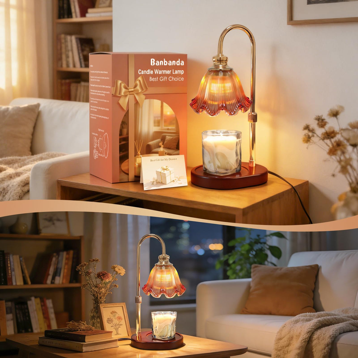 Banbanda Candle Warmer Lamp with Timer: Mothers Day Gifts,Birthday Gifts for Women, House Warming Gifts New Home Decor – Height Adjustable Candle Lamp - Walnut Solid Wood Base, with 2 Bulbs