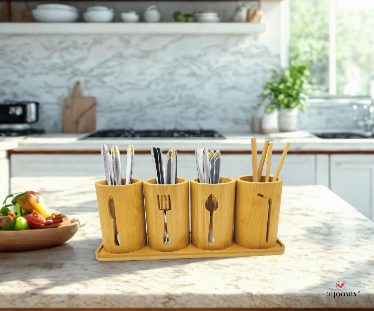 AYAMAX Bamboo Cutlery Holder Set - 4 kitchen Utensils Holder with Bamboo Tray | Decorative kitchen countertop Cutlery Stand | Utensil holder - knife, fork Spoon and Straw holders