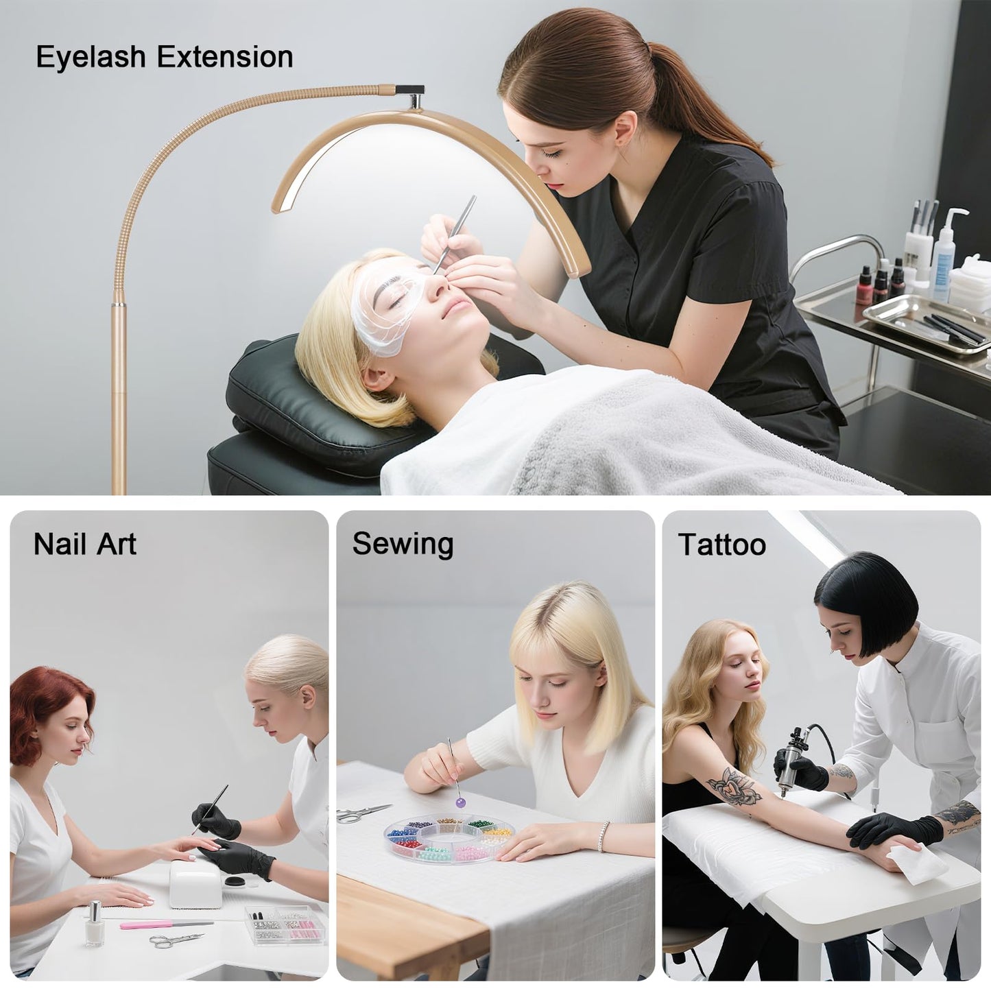 MINIEAR Half Moon Lash Light for Eyelash Extensions & Estheticians, Dimmable LED Lash Lamp with Flexible Gooseneck, Shadow-Free Moon Light for Lash Tech, Tattoo, SPA, Eyelash Lamp (Gold)