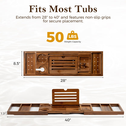 Teak Bathtub Tray for Tub, Expandable Bath Tray 28–40in, Foldable Bathtub Caddy with Wine Glass Holder, Phone & Book Stand, Wooden Bath Tray Organizer, Luxury Bathroom Accessories Gift - Light Walnut