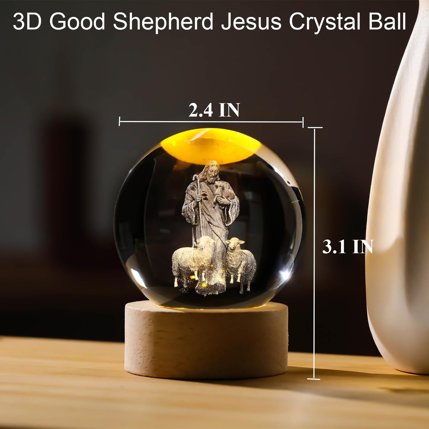 Arikyrist 3D Crystal Jesus Figurine Statue Night Light, Laser Engraved Crystal Christian Catholic Religious Easter Gift with Wooden Base