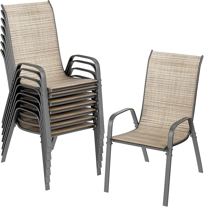 TLSUNNY Patio Chairs, Stackable Textilene Outdoor Dining Furniture for All Weather, with 17.7″ Wide Seat & Metal Frame, for Garden, Backyard, Deck, Restaurant, Poolside (8, Brown, 26.4″)